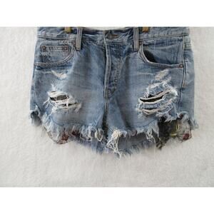 We The Free Womans Button Fly Denim Jean Shorts Size 28 Distressed Lace Accent